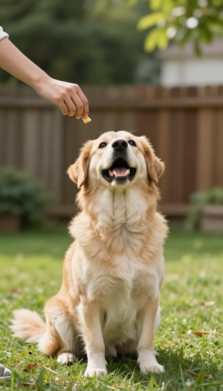 A dog performing a spin trick in a sunny backyard, guided by a treat in its owner's hand.