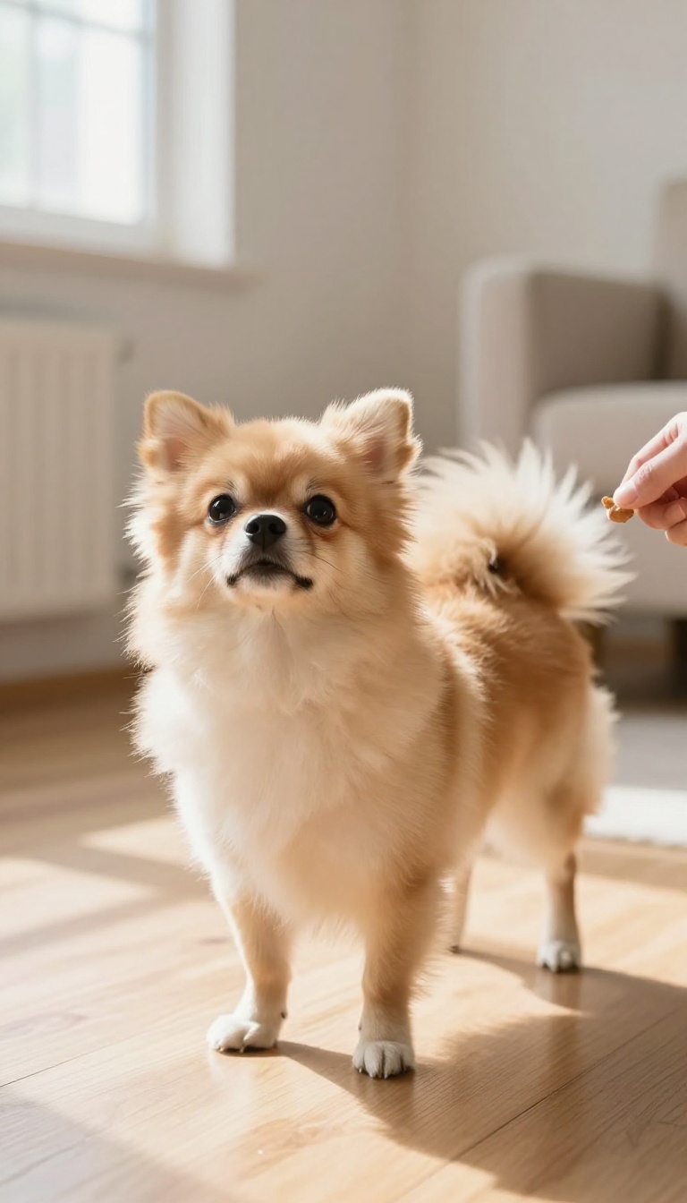 Small dog standing confidently on the floor, being rewarded with a treat, in a bright living room