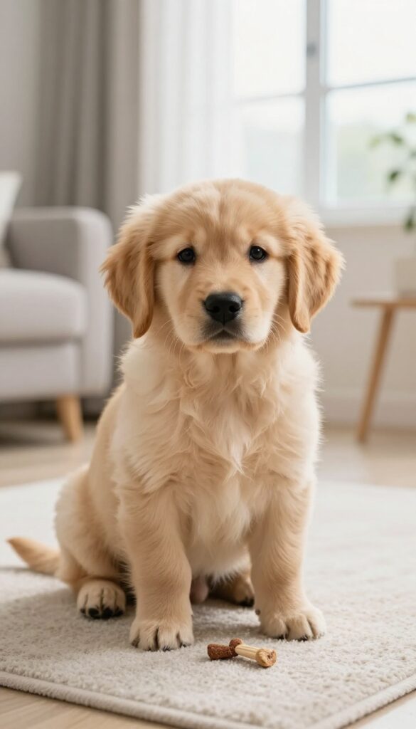 Puppy making eye contact during a name recognition training game, with treats on the floor.
