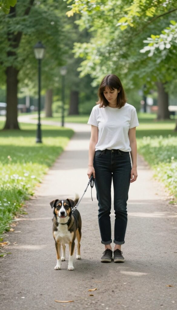 Person practicing the stop and wait technique with a dog on a slack leash in a sunny park