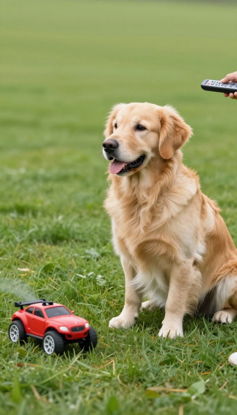 A dog training at home with a remote-controlled car to reduce car-chasing behavior.