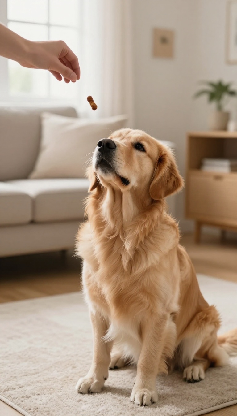 Golden retriever waiting patiently as a treat is tossed in the air in a bright living room.