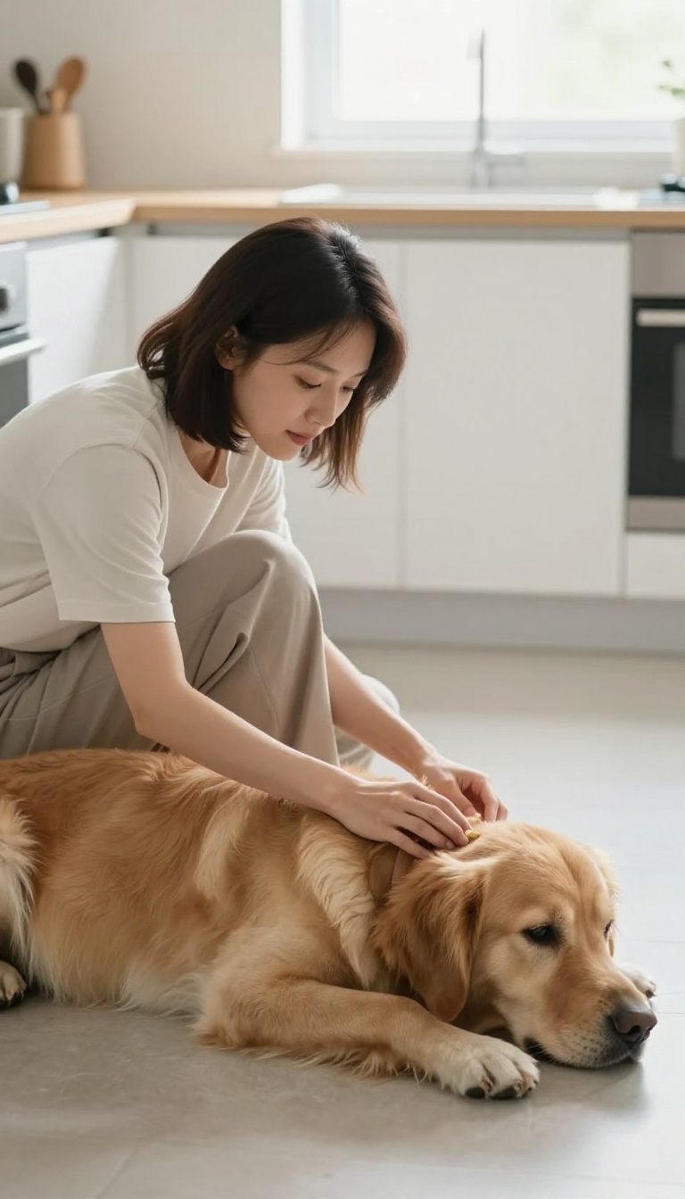 A person patiently rewarding a calm dog on the kitchen floor, with an empty counter in the background, symbolizing consistency and patience in training.