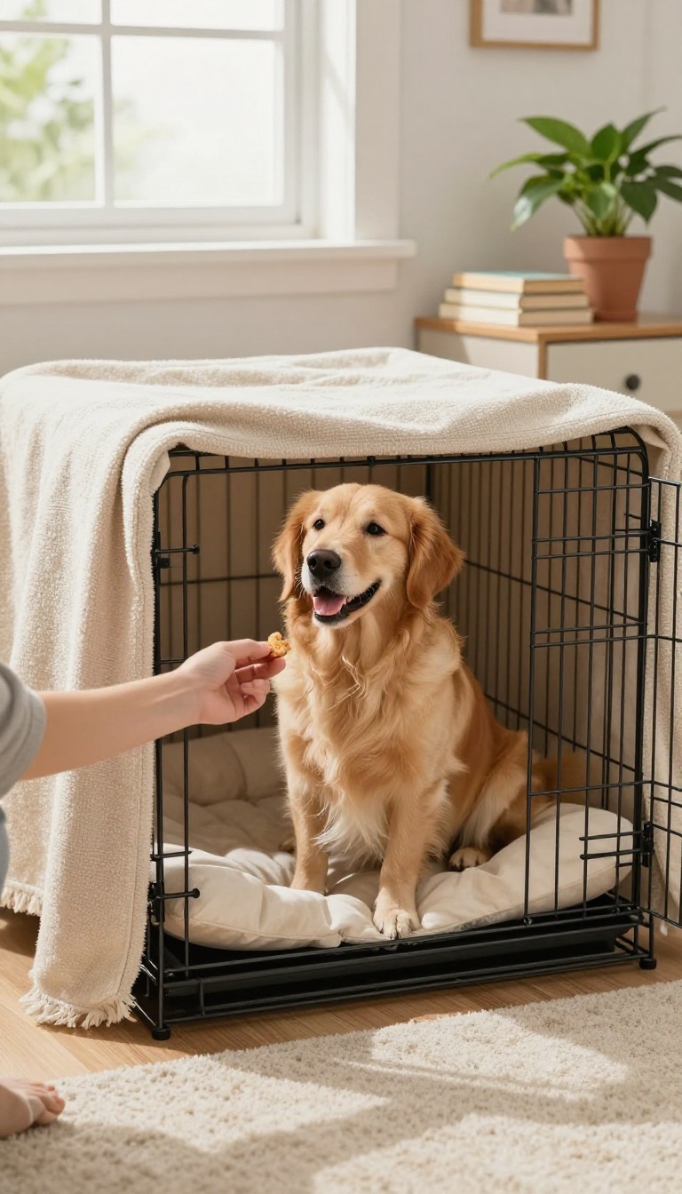 A dog calmly inside a crate with a treat offered by a hand, in a bright living room setting.