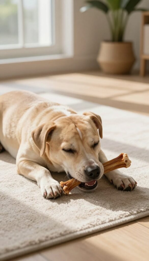 Calm dog chewing a bully stick on a mat in a bright living room