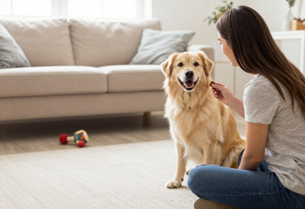 Dog training session with owner holding a treat, dog focused and ready to learn