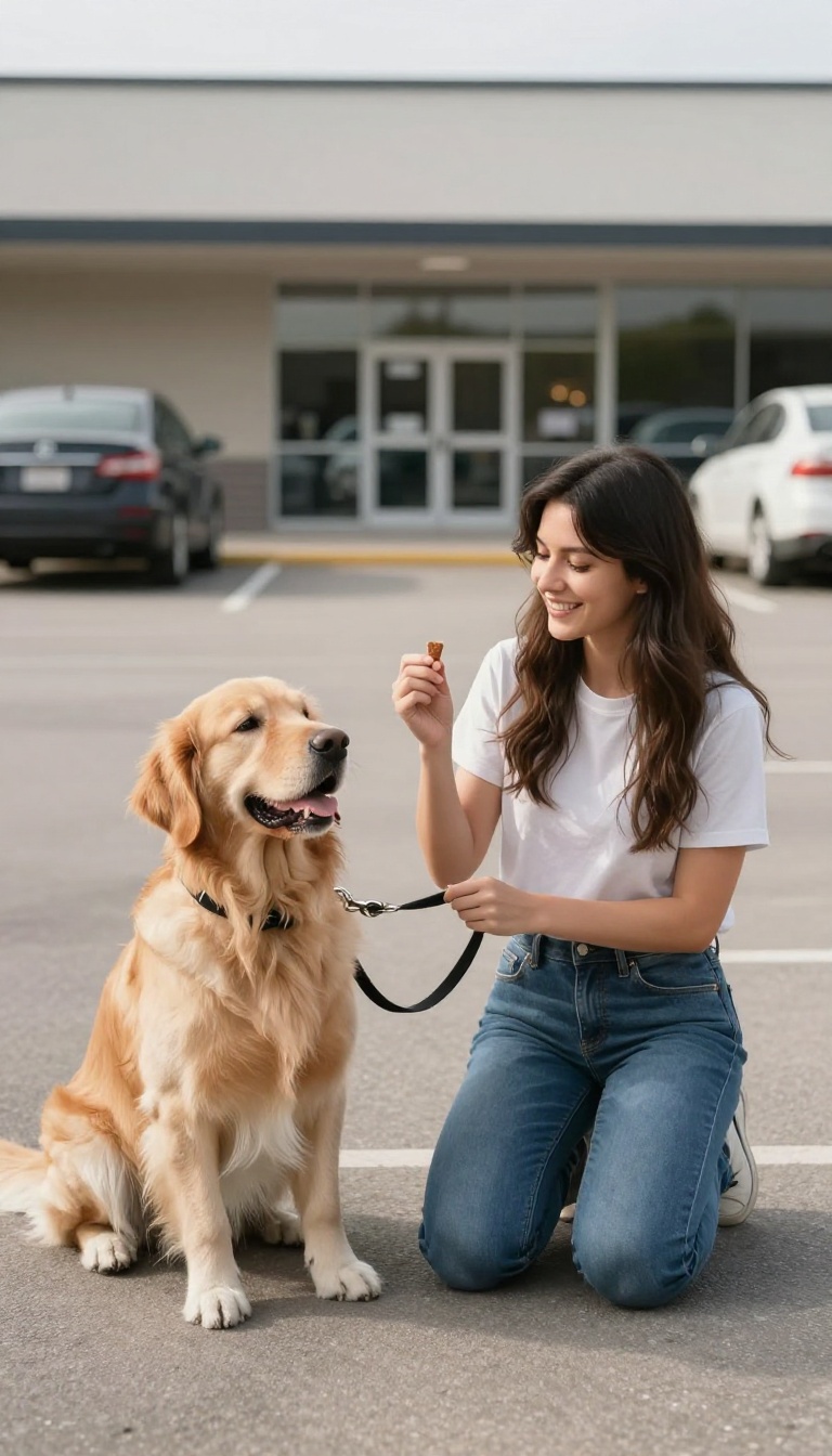 Dog owner training recall with a leashed dog in a quiet parking lot