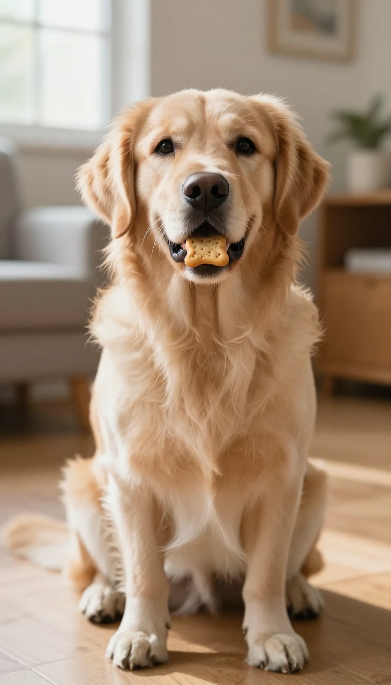 Golden retriever balancing a treat on its nose in a bright living room