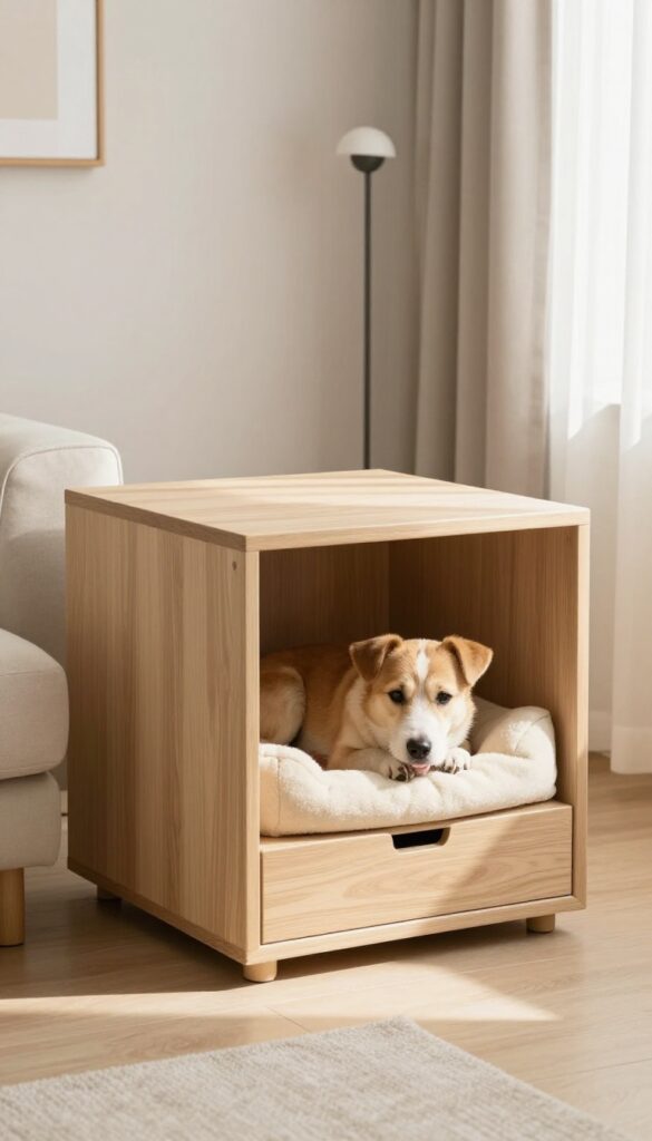 Modern cube end table with hidden drawer and dog bed on top in a bright living room