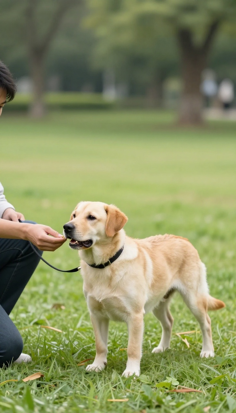 Dog practicing engage-disengage training in a park, looking at owner for a treat while a trigger is blurred in the background.