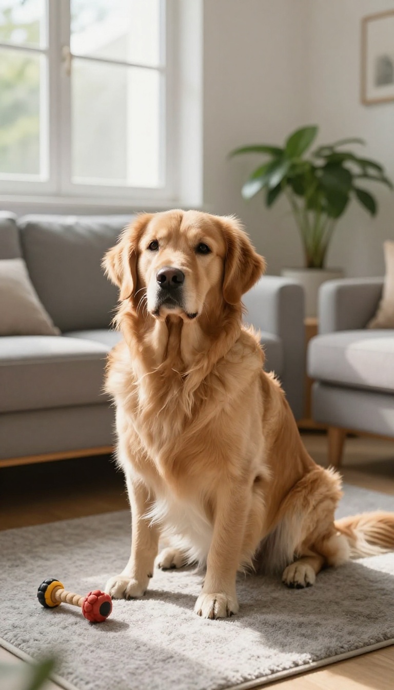 Calm dog sitting on a rug in a bright living room, illustrating a sense of security and comfort for separation anxiety.