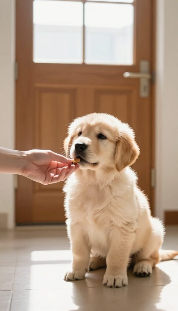 Puppy sitting calmly by the door, looking at a treat in a person's hand, symbolizing the Doorbell Name Game training.