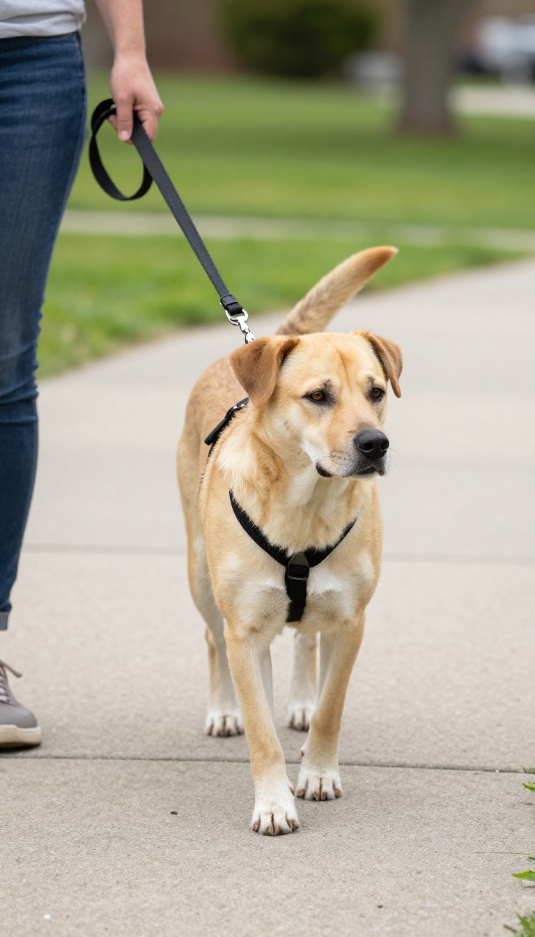 Dog wearing a front-clip harness walking calmly on a leash in a safe, suburban setting.