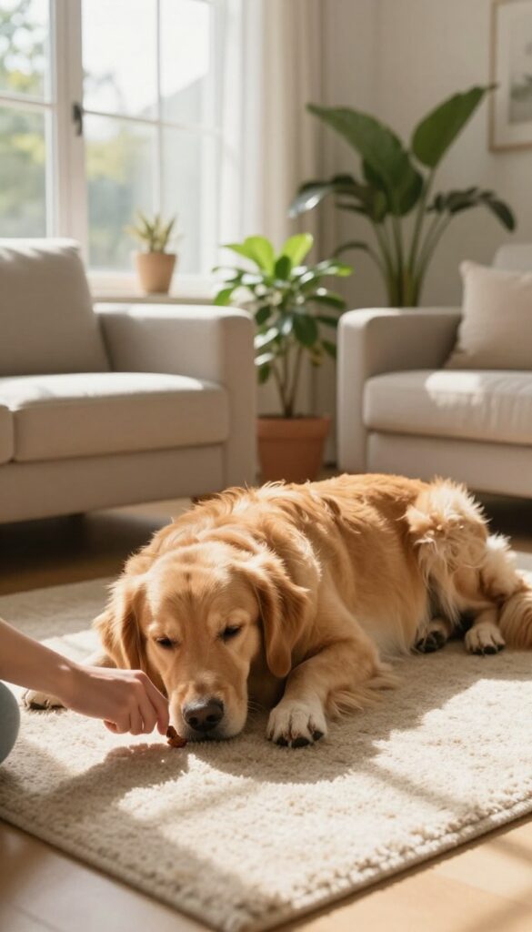 Person rewarding a calm dog with a treat on the floor in a sunlit living room