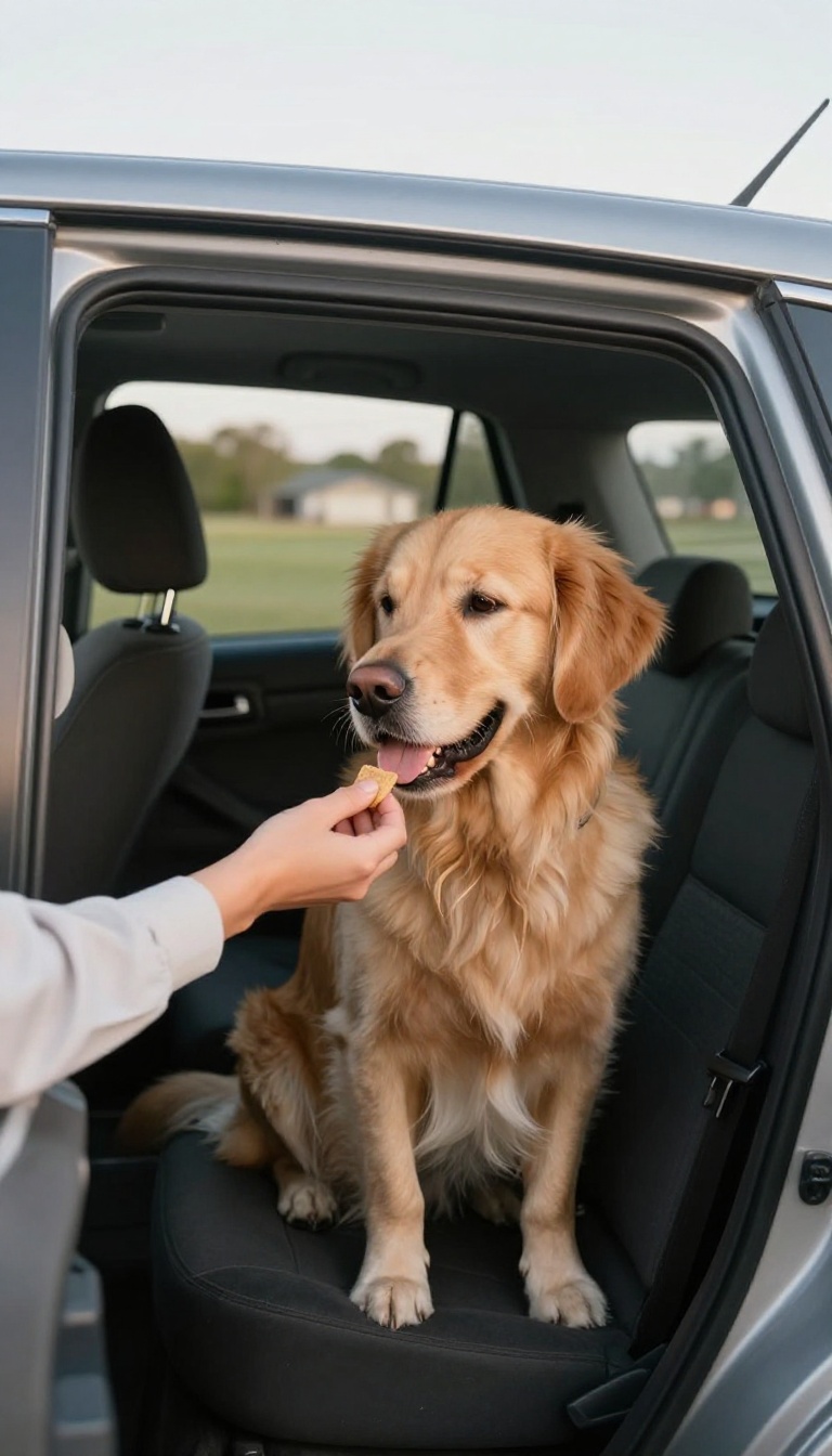 Dog sitting in parked car during training drill, focusing on owner's hand with treat