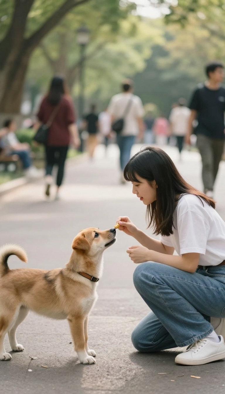 Person guiding a puppy in a circle with a treat in a busy park, teaching the 'Around' game for focus.