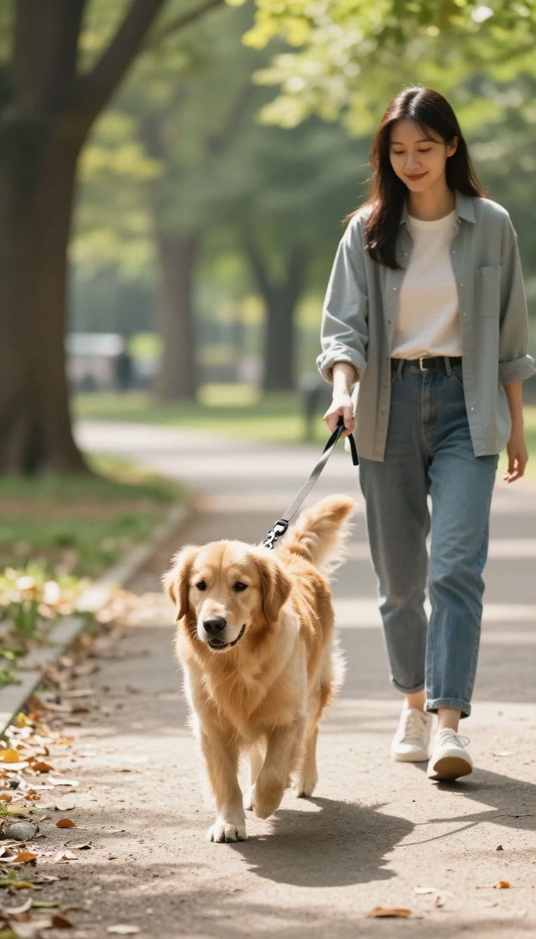A woman walking her golden retriever on a loose leash in a sunlit park, leash slack and both looking relaxed.