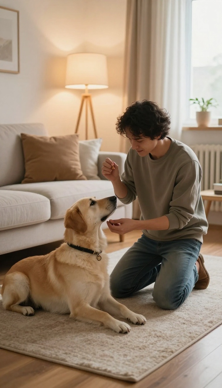 A professional dog trainer calmly working with a relaxed dog in a cozy, softly lit living room at night.