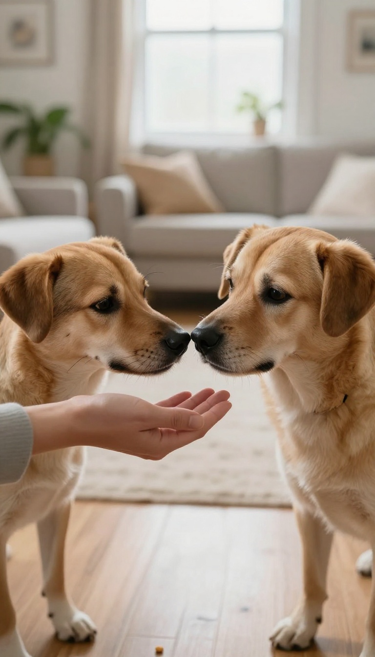 A person offering an open palm to a shy dog, who touches it with its nose in a bright, cozy room.