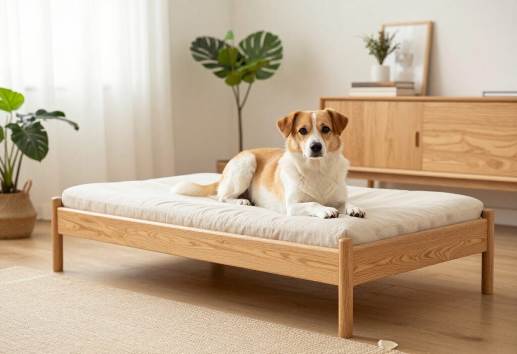 Wooden dog bed with a dog resting on a cushion in a cozy living room