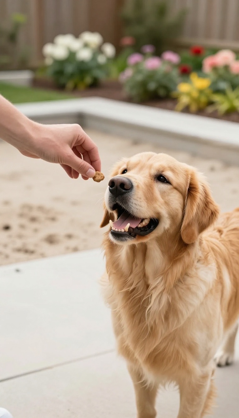 A dog owner rewarding a golden retriever with a treat in a sunny backyard near a sandbox and flower bed.