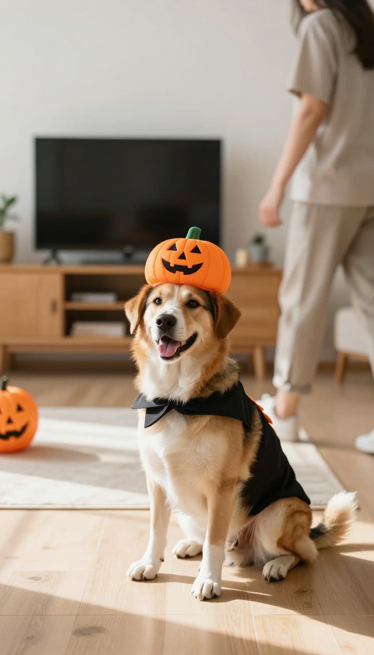 A calm dog in a Halloween costume sitting in a living room with a TV on and a person walking by, illustrating gradual distraction training.