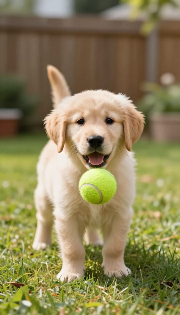 Golden retriever puppy holding a tennis ball in a sunny backyard