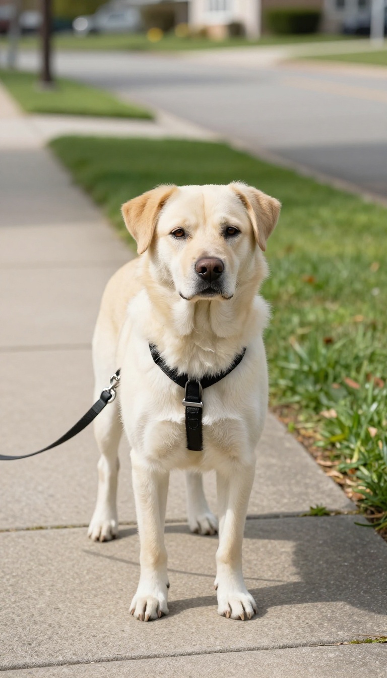 Person holding a flat leash attached to a front-clip harness on a calm dog during a loose-leash walk.