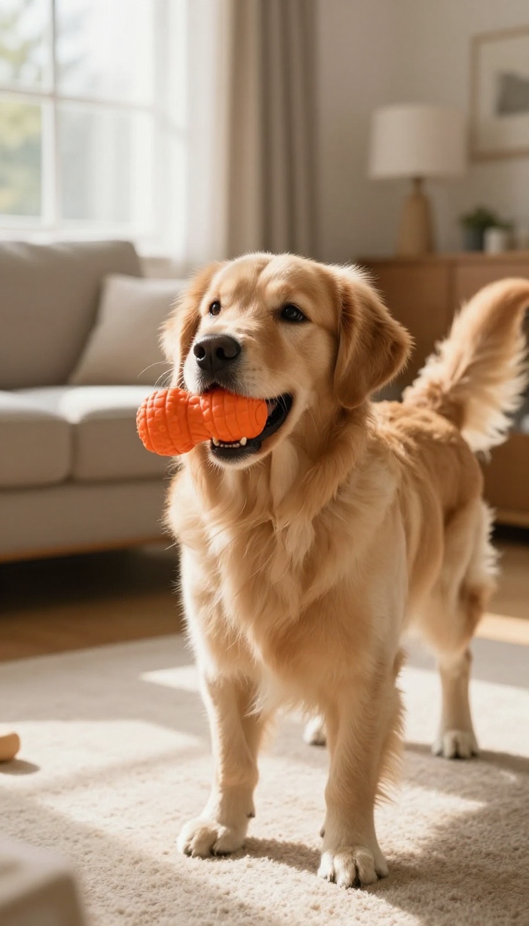 A golden retriever holding a toy and looking back in a bright living room during a recall game.