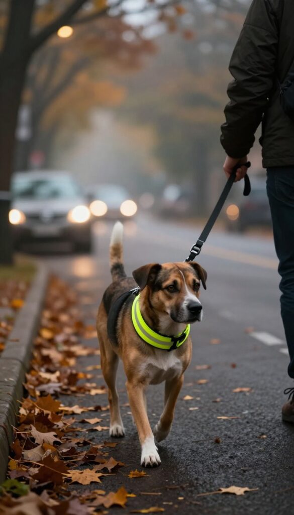 A dog wearing a reflective collar and leash on a fall evening walk, with car headlights highlighting the reflective material.