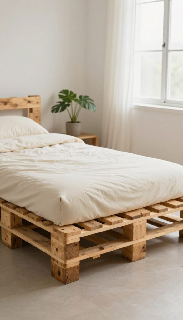 A dog resting on a wooden pallet platform bed with a thick cushion in a bright living room