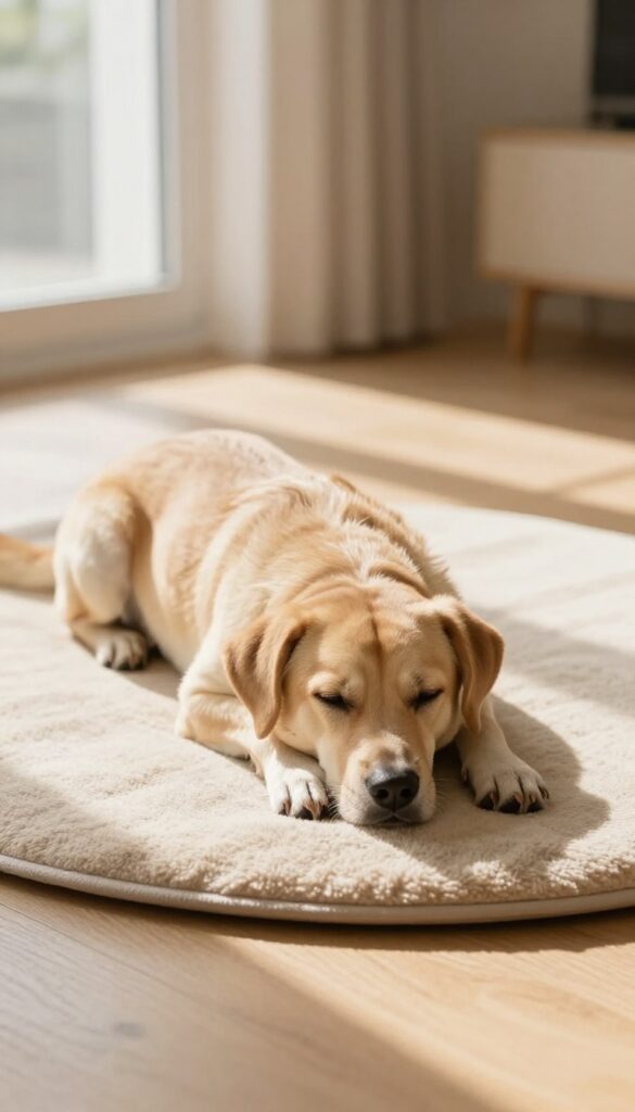 Relaxed dog lying down on a mat in a sunlit room