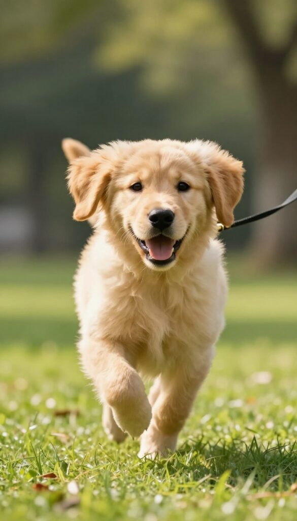 Golden retriever puppy running toward camera in a sunny park