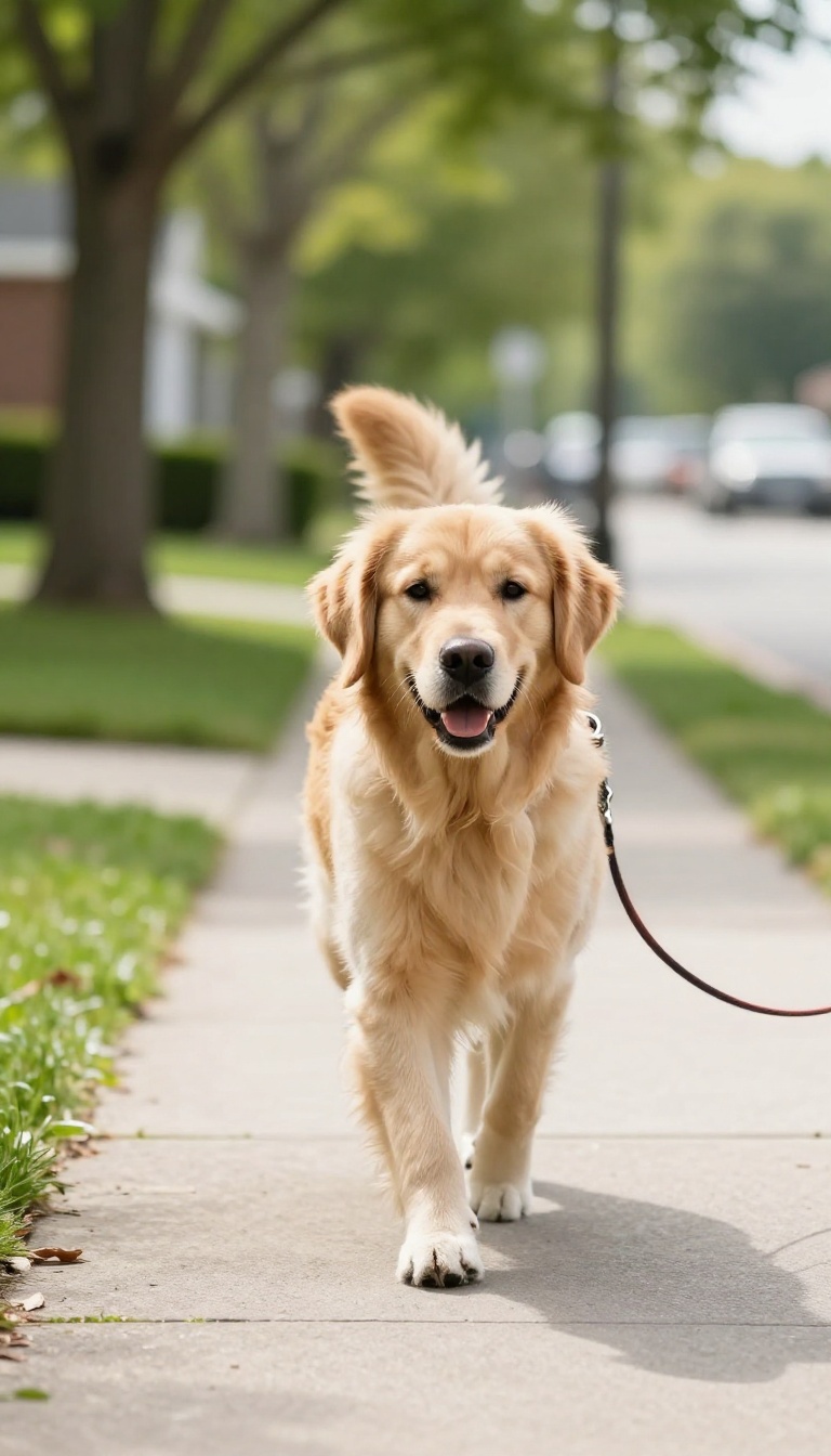 A golden retriever on a leash walking briskly on a sunlit sidewalk before a car ride, illustrating a pre-ride walk to calm a dog before travel.