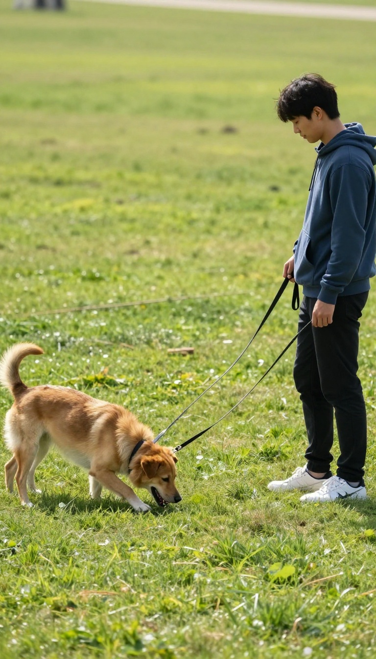 Person holding a long training leash while a dog explores a sunny open field