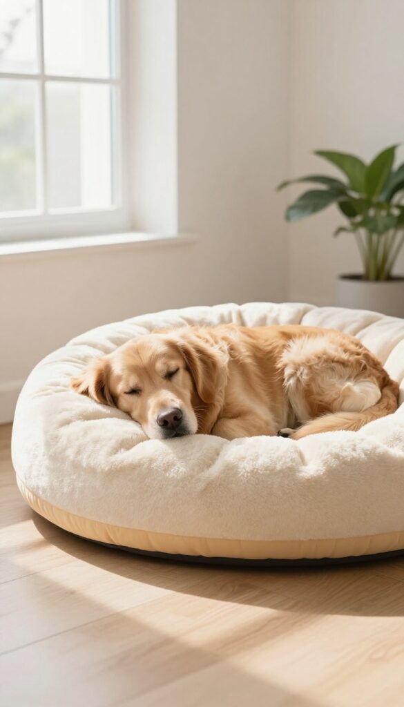 Senior dog resting peacefully in a cream donut-shaped memory foam bed, with raised rim supporting its head, in a bright living room.