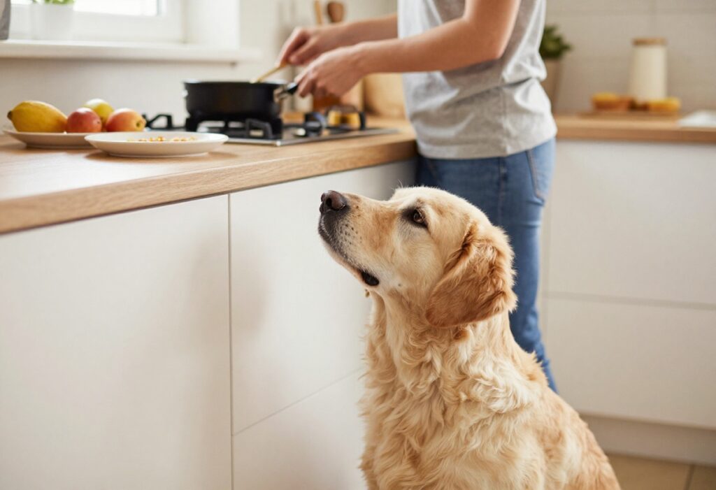 Dog sitting calmly on kitchen floor while owner cooks, food out of reach