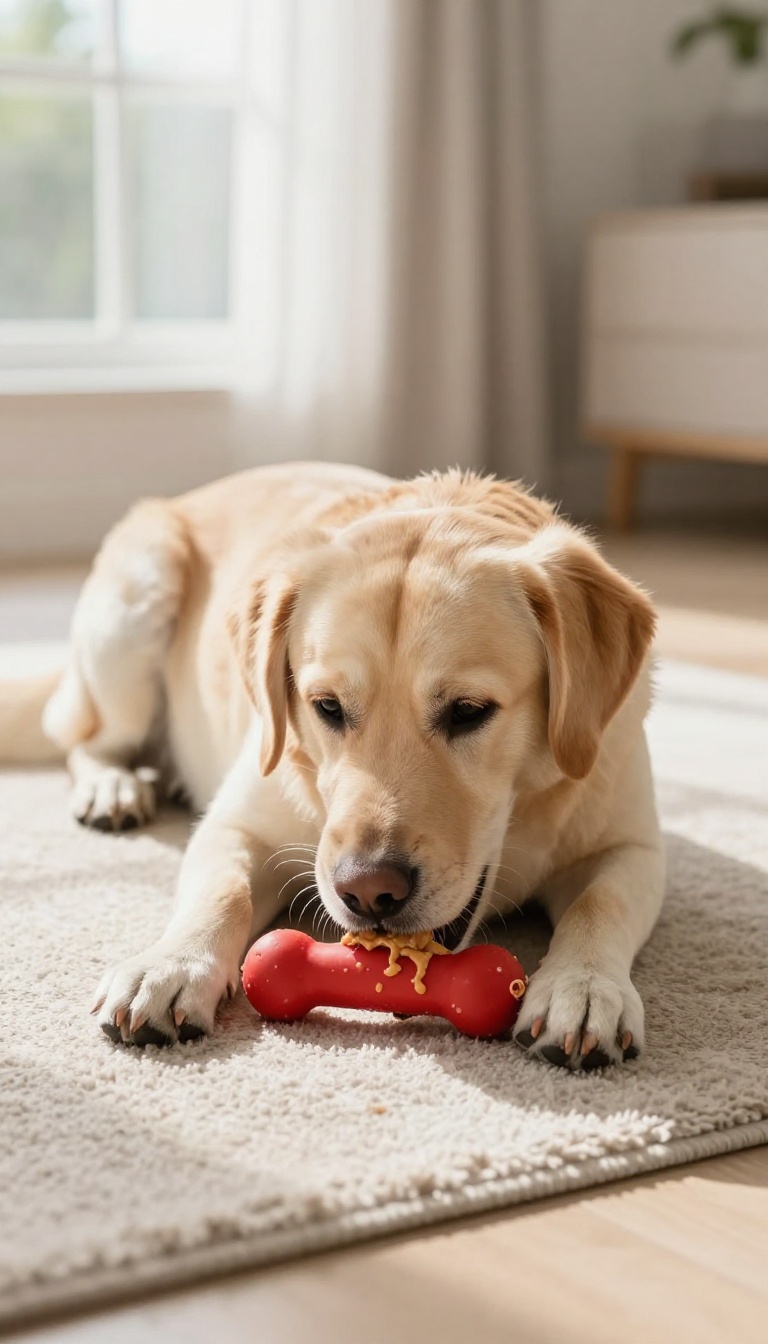 Dog calmly chewing a stuffed Kong toy on a rug in a bright living room