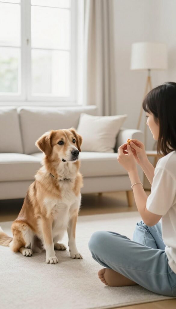 Person training a dog to make eye contact in a quiet living room