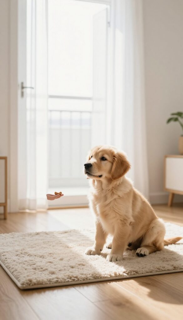 A puppy sitting calmly in a quiet, sunlit room during a training session