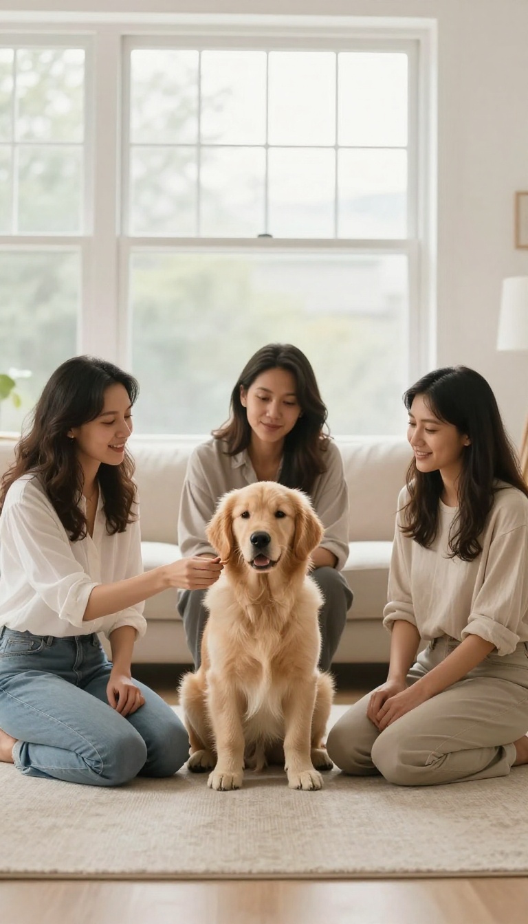 Puppy sitting calmly in a circle of people during a socialization training game