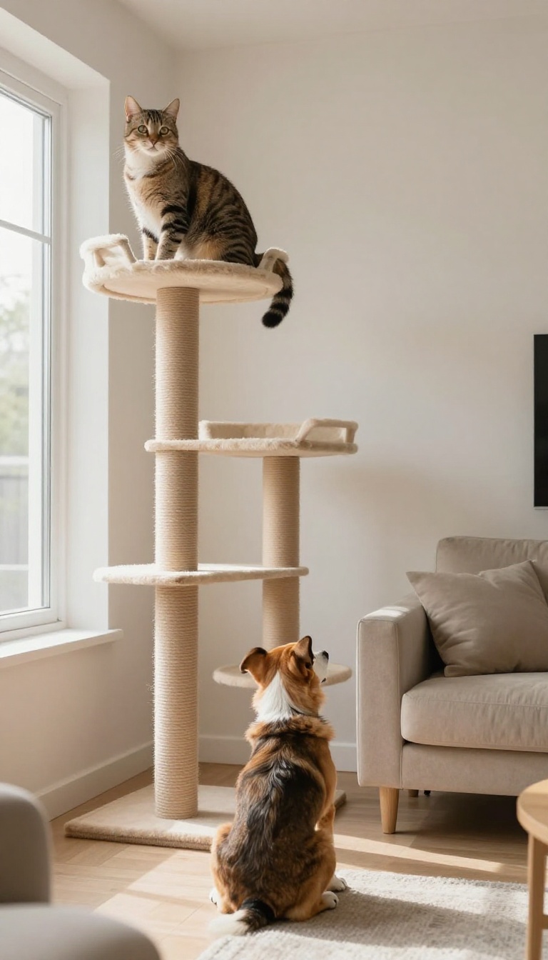 Cat on a tall cat tree in a bright living room with a dog sitting below, illustrating a safe zone for cats