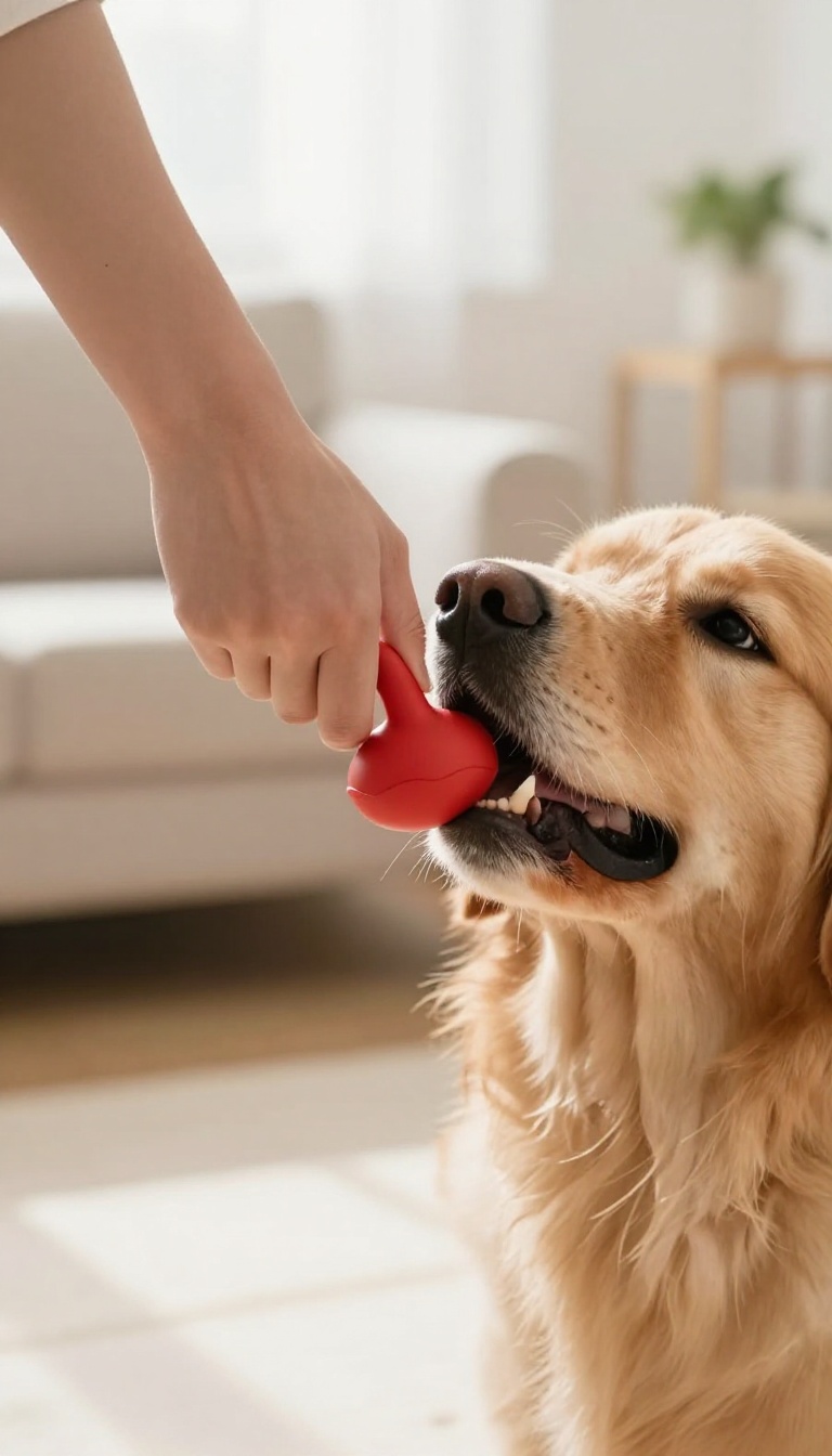 Person playing tug with a golden retriever, teaching drop it command.