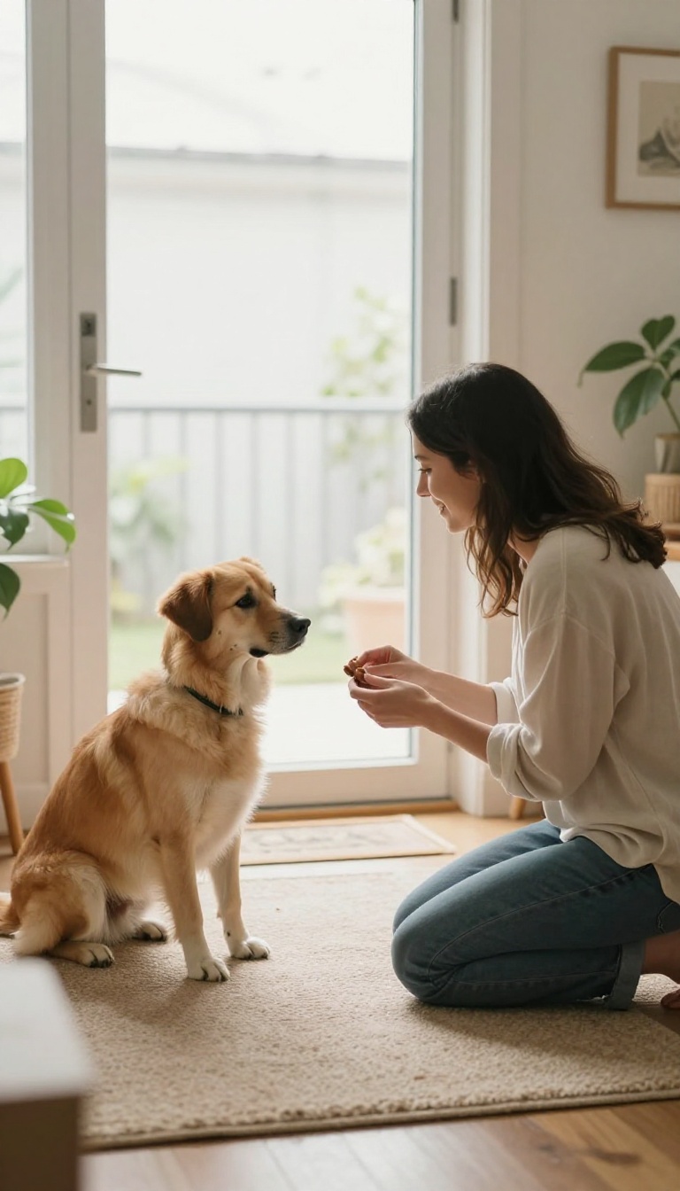 A calm dog greeting a visitor at the front door in a bright, cozy living room