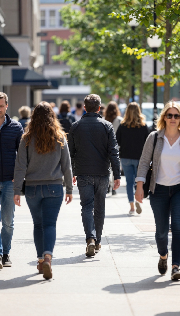 A person walking at a moderate pace on a crowded sidewalk, with others passing politely around them.
