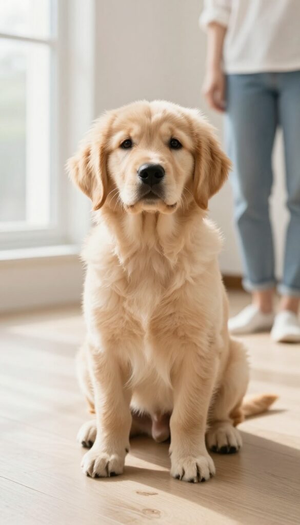 Puppy in sit-stay position with owner stepping back to build distance during training