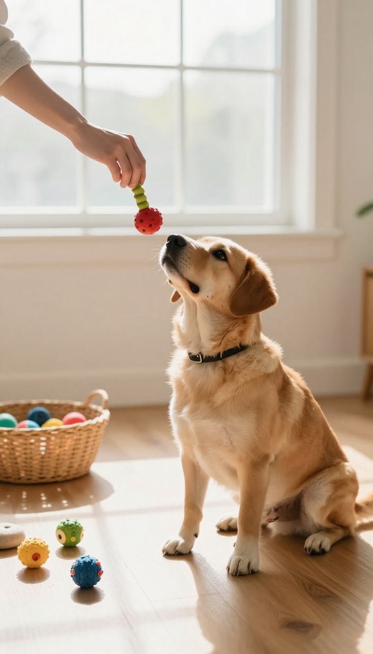 A dog sitting on a wooden floor in a sunlit living room, looking at a person's hand offering a toy, with a few toys scattered around and a basket of toys nearby.