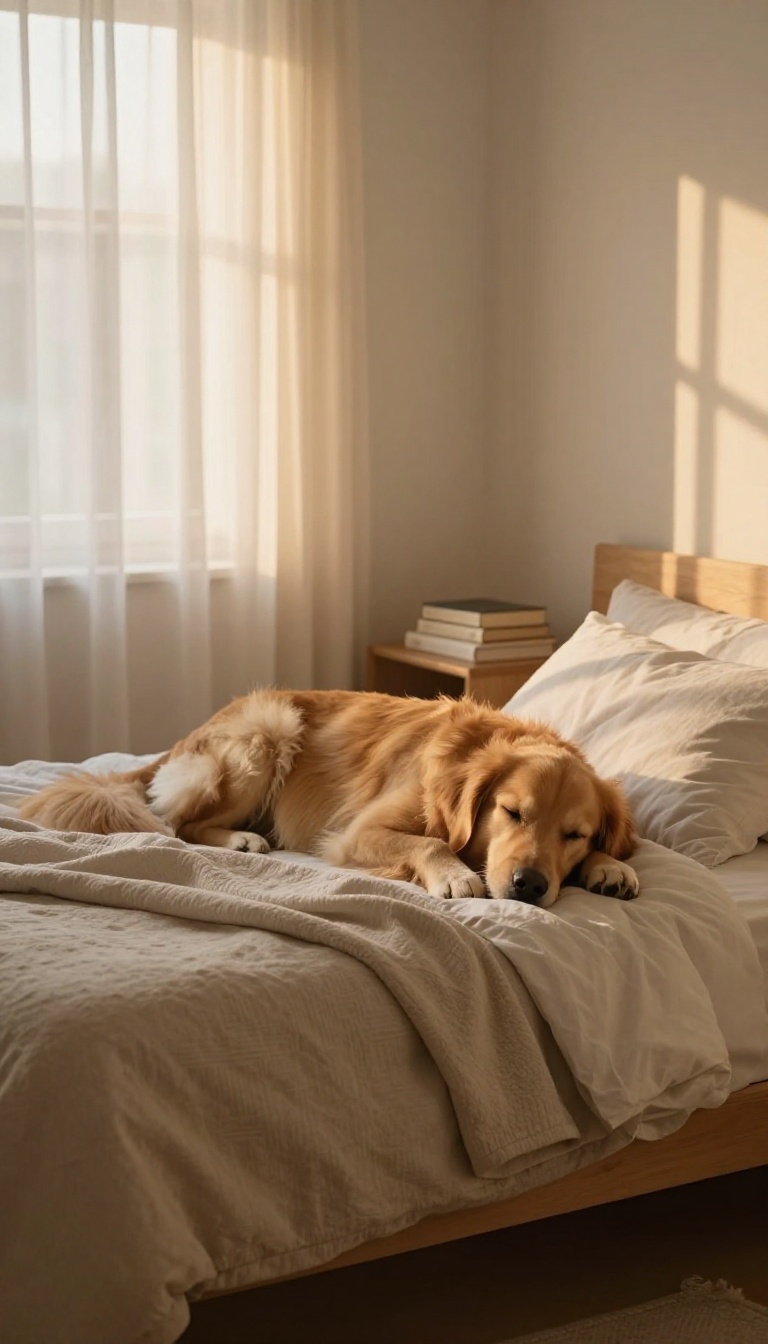 A calm dog resting on a cozy dog bed in a serene bedroom during a quiet bedtime routine