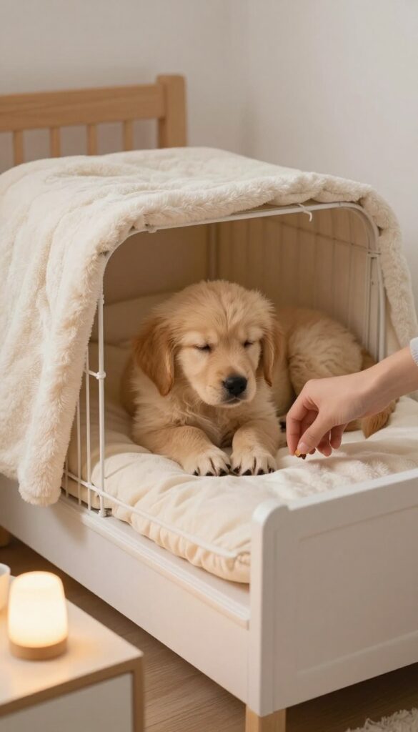 Cozy bedtime routine for a puppy, with a golden retriever puppy settling into a crate with a treat, soft lighting, and a peaceful atmosphere.