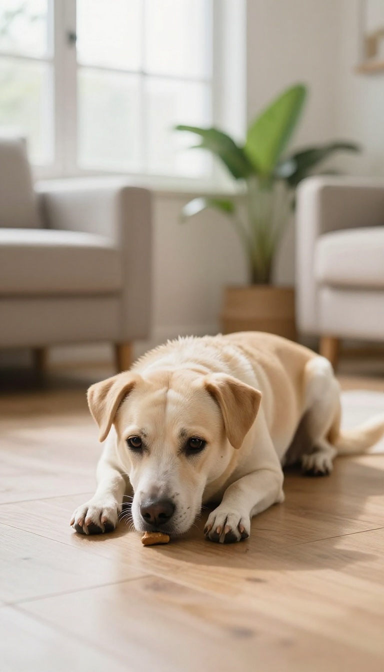 Dog crawling low on a wooden floor in a bright living room, focused on a treat ahead